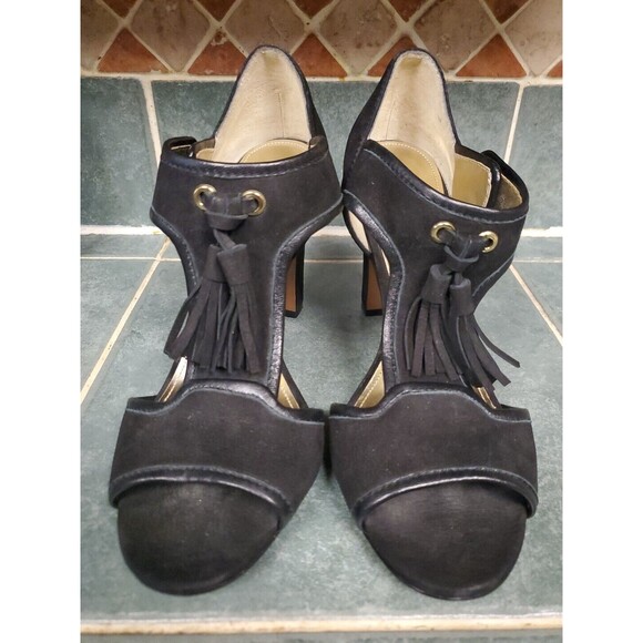 COACH Tristen Turnlock Heels Black Nubuck Leather Tassels Peep Toe Gold Hardware - Picture 3 of 7